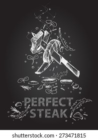 Hand drawn perfect steak quotes illustration on black chalkboard theme