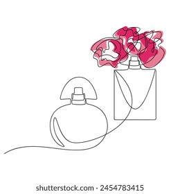 Hand drawn perfume bottle with flowers vector. Line continuous drawing. Linear silhouette icon, beauty fashion print, banner, card, wall art poster, brochure, doodle illustration, fragrance, spray