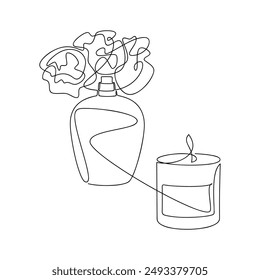 Botella de perfume dibujada a mano con Vector de flores. Línea de dibujo de vela de aroma continuo. Icono lineal, impresión de la moda de la belleza, Anuncio, tarjeta, póster de arte de la pared, folleto, ilustración del doodle, fragancia, spray