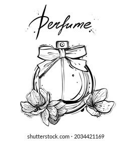 Hand drawn perfume bottle with jasmine flowers, vector monochrome
