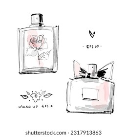 Hand drawn perfume bottle spray black and white vector sketch. Fragrance product graphic minimalistic doodle line.