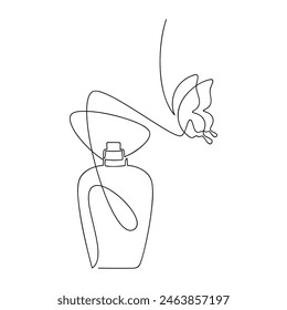 Vector de botella de perfume dibujado a mano. Dibujo continuo de una línea. Ilustración lineal de la silueta de la mariposa, ícono mínimo, impresión, Anuncio, tarjeta, póster de arte de la pared, folleto, garabato, fragancia, spray