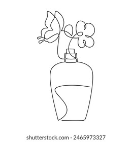 Hand drawn perfume bottle vector. Floral one line continuous drawing. Butterfly flower linear illustration, minimal icon, print, banner, card, wall art poster, brochure, doodle, fragrance, spray