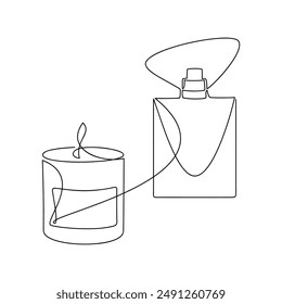 Hand drawn perfume bottle vector. One line continuous aroma candle drawing. Linear silhouette, minimal icon, beauty fashion print, banner, card, wall art poster, doodle illustration, fragrance