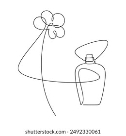 Hand drawn perfume bottle vector. Floral one line continuous drawing. Camomile flower linear illustration, minimal icon, print, banner, card, wall art poster, brochure, doodle, fragrance, spray