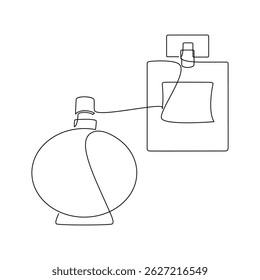 Vector de botella de perfume dibujado a mano. Dibujo continuo de una línea. Silueta lineal, ícono mínimo, estampado de moda de belleza, Anuncio, tarjeta, póster de arte de pared, folleto, ilustración de doodle, fragancia, aerosol