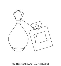 Vector de botella de perfume dibujado a mano. Dibujo continuo de una línea. Silueta lineal, ícono mínimo, estampado de moda de belleza, Anuncio, tarjeta, póster de arte de pared, folleto, ilustración de doodle, fragancia, aerosol