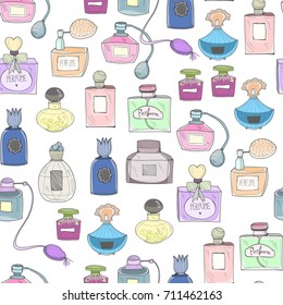 Hand drawn perfume bottles. Colored graphic vector seamless pattern