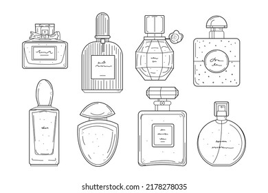 Hand drawn perfume bottles line icons set. Glass flasks with perfume, eau de toilette, fragrance in doodle style. Vector illustration