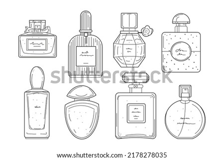 Hand drawn perfume bottles line icons set. Glass flasks with perfume, eau de toilette, fragrance in doodle style. Vector illustration