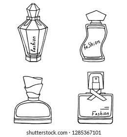 Hand drawn perfume bottles. Outlines of bottles for perfume - vector graphic.Collection conture isolated  bottles - vector illustration. Graphic vector set.