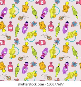Hand drawn perfume bottles seamless pattern. Vector illustration