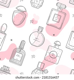 Hand drawn perfume bottles seamless pattern. Fragrance texture in doodle style. Vector illustration for print, textile, wrapping paper, web background, perfumery shop advertising