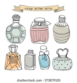 Hand Drawn Perfume Bottles Set. Collection Vintage Perfume Bottles  Isolated  On White. 