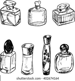 Hand drawn perfume bottles set. Sketched ink illustration. Beauty and fashion drawing.