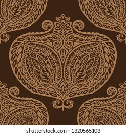 Hand drawn persian arabesque ornament damask illustration. Seamless decorative vector pattern. Baroque roccoco style all over print. Intricate filigree art. Elegant wallpaper, indian boho home decor.