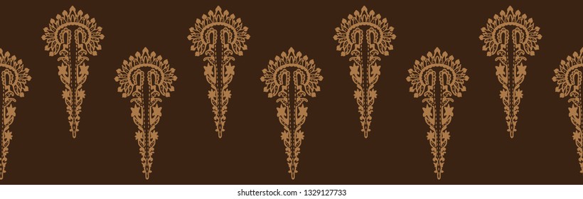 Hand drawn persian arabesque ornament damask illustration. Seamless decorative vector border. Baroque roccoco style gold brown.. Intricate filigree art. Elegant ribbon trim, indian boho home decor.