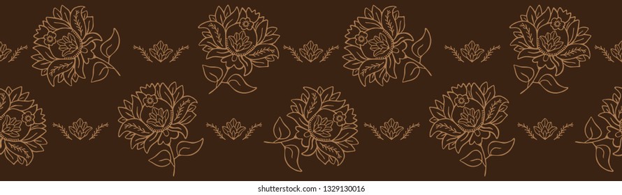 Hand drawn persian arabesque ornament floral illustration. Seamless decorative vector border. Baroque roccoco style gold brown flower.Intricate filigree. Elegant ribbon trim, indian boho home decor.