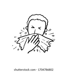 Hand Drawn Person Covering His Mouth With A Tissue When Coughing Or Sneezing In Doodle Style