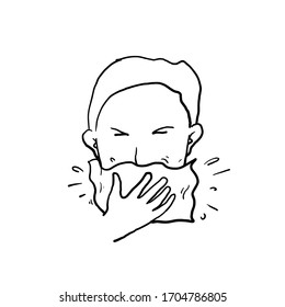 hand drawn person covering his mouth with a tissue when coughing or sneezing in doodle style