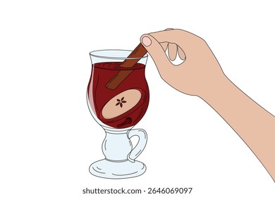 Hand drawn Person hand dips cinnamon stick into a glass cup of mulled wine and spices Pop art Design