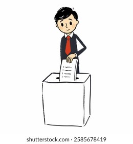 A hand drawn person dropping a ballot into a voting box, symbolizing democracy and civic participation.