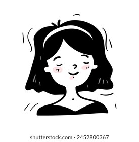 Hand drawn person face. Black and white portrait of happy smiling teenage girl. Doodle icon of woman for avatar on social networks. Cartoon outline vector illustration isolated on white background