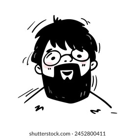 Hand drawn person face. Black and white portrait of kind smiling bearded man with glasses. Doodle icon for avatar on social networks. Cartoon outline vector illustration isolated on white background