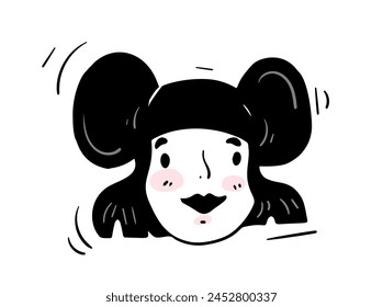 Cara dibujada a mano. Icono de Doodle con retrato de una adolescente sonriente con estilo peinado. Avatar en blanco y negro de las redes sociales. Ilustración vectorial de contorno de dibujos animados aislada sobre fondo blanco