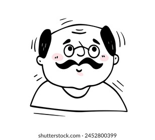 Handgezeichnetes Gesicht. Doodle Ikone mit Porträt von niedlichen älteren Mann mit Schnurrbart und Brille. Schwarz-Weiß-Avatar in den sozialen Medien. Cartoon Umriss Vektorillustration isoliert auf weißem Hintergrund