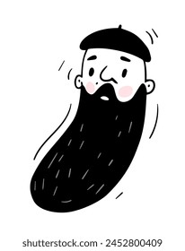 Hand drawn person face. Doodle portrait of man with long beard and hat on his head. Black and white icon or avatar for social networks. Cartoon outline vector illustration isolated on white background