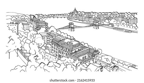 Hand drawn perspective view of old town in Budapest  