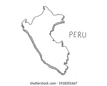 Hand Drawn of Peru 3D Map on White Background. 