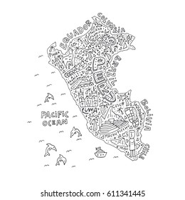 Hand drawn Peru map with the main symbols and the geographic names lettering. Vector illustration. 