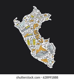 Hand drawn Peru map with the main symbols and the geographic names lettering. Vector illustration. 