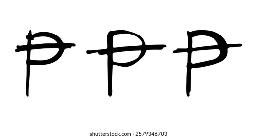 Hand drawn peseta currency symbol set Brush stroke doodle Single element for design