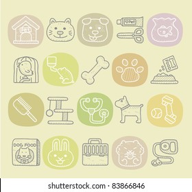 Hand drawn pet animals and objects icon set