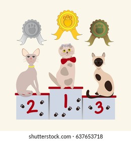 Hand drawn pet competition concept with cats sitting on pedestal and gold silver bronze awards vector illustration