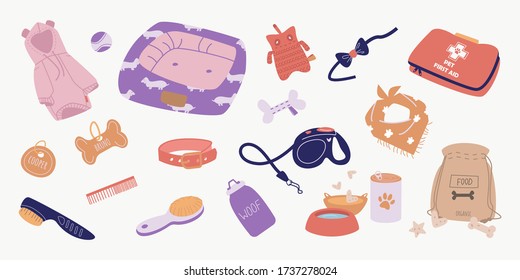 Hand drawn pet elements. Graphic vector set with dog food, collar for dogs, cookies, pet first aid, dog toys, bowls, butterfly tie, dog comb. Concept for pet shop. All elements are isolated.