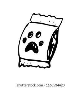 Hand drawn pet food doodle. Sketch pets icon. Decoration element. Isolated on white background. Vector illustration.