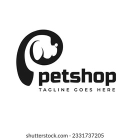 Hand Drawn Pet Logo Design. Silhouette of a dog's head. Letter P. Dog love. Icon template veterinary, animal care and pet shop. Premium brand identity icon. Vector Illustration.