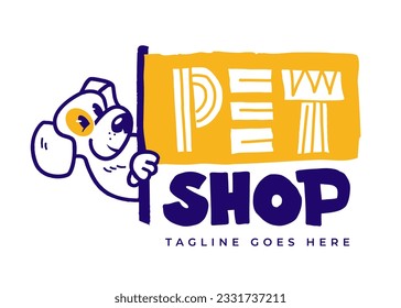 Hand Drawn Of Pet Logo Design. Vector Illustration cartoon character of a dog holding a flag. Puppy love. Icon template veterinary, animal care and pet shop. Identity icon.