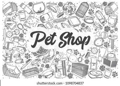 Hand drawn pet shop doodle set. Lettering - Pet shop