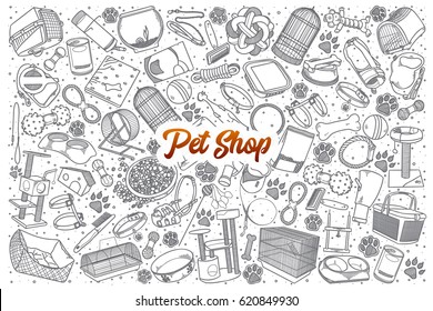 Hand drawn Pet shop doodle set background with orange lettering in vector