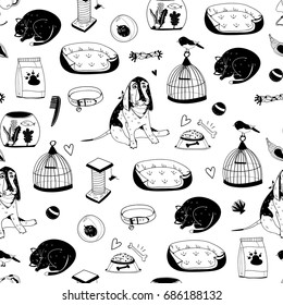 Hand drawn pet shop elements. Graphic vector seamless pattern