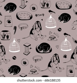 Hand drawn pet shop elements. Graphic vector seamless pattern. Black and white elements, brown background