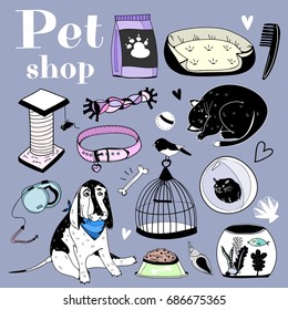 Hand drawn pet shop elements. Colored graphic vector set. All elements are isolated