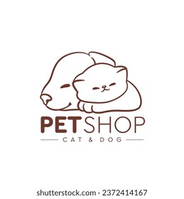 Hand drawn Pet shop logo with Cat and dog illustration