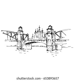 Hand drawn Peter the Great Bridge on the Neva River and Cathedral in St.Petersburg, Russia. Sketch, vector illustration.