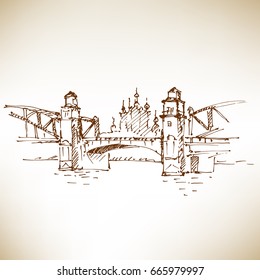 Hand drawn Peter the Great Bridge on the Neva River and Cathedral in St. Petersburg, Russia. Sketch, vector illustration.